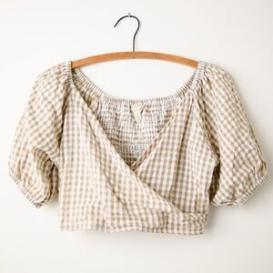 Gingham Smocked Puff Sleeve Wrap Crop Top Medium Cottagecore Milkmaid Boho